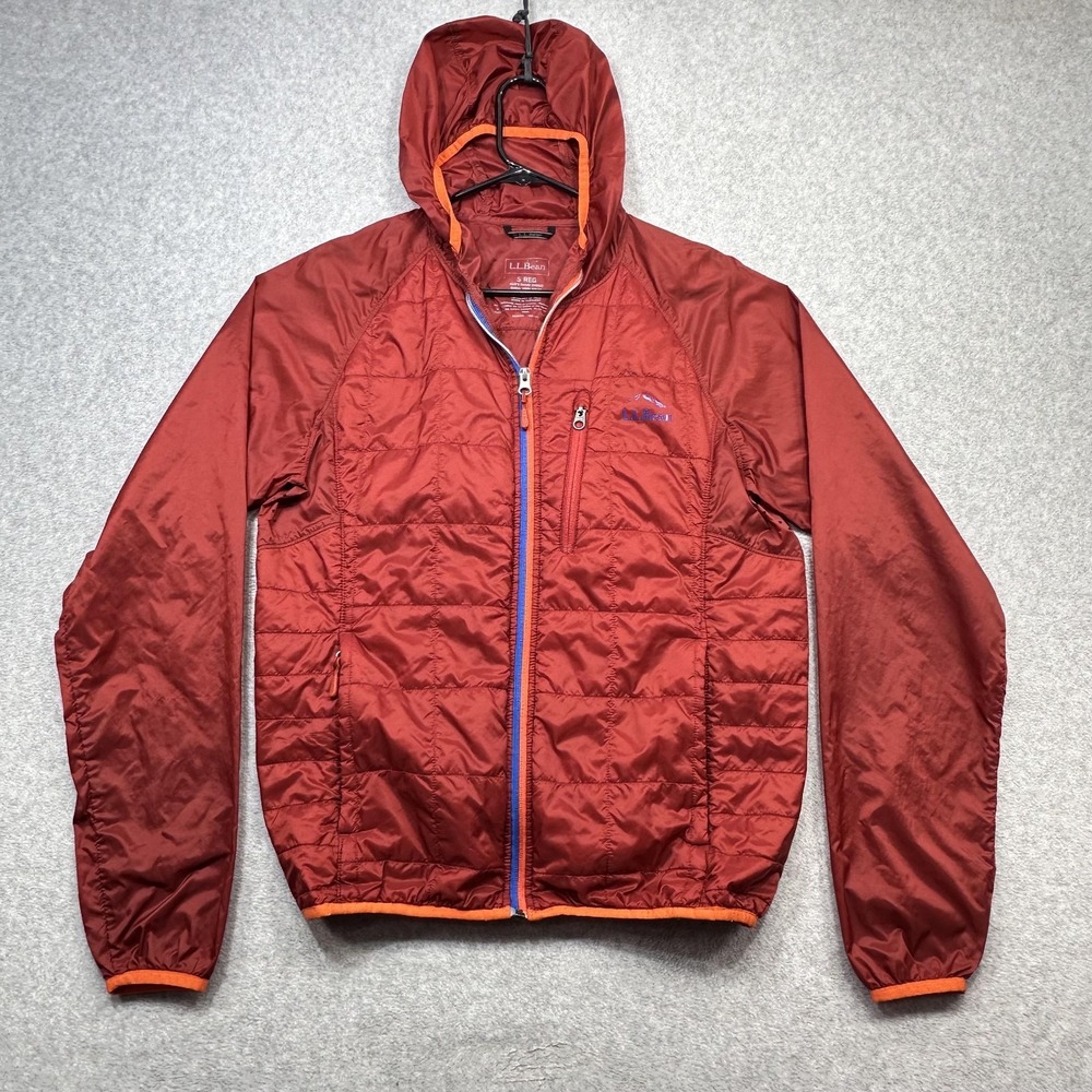 LL Bean Primaloft Superlight Jacket Mens Small Orange Hooded Quilted Outdoor